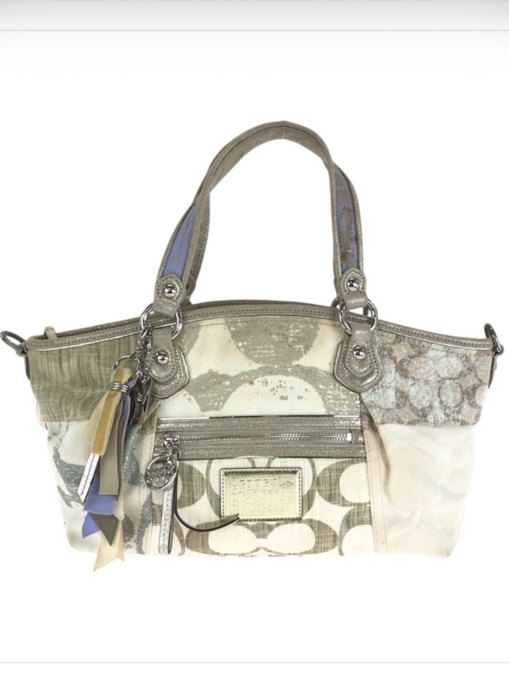Vintage Coach Patchwork Signature Shoulder Bag | Cream Taupe Purple | Near Mint